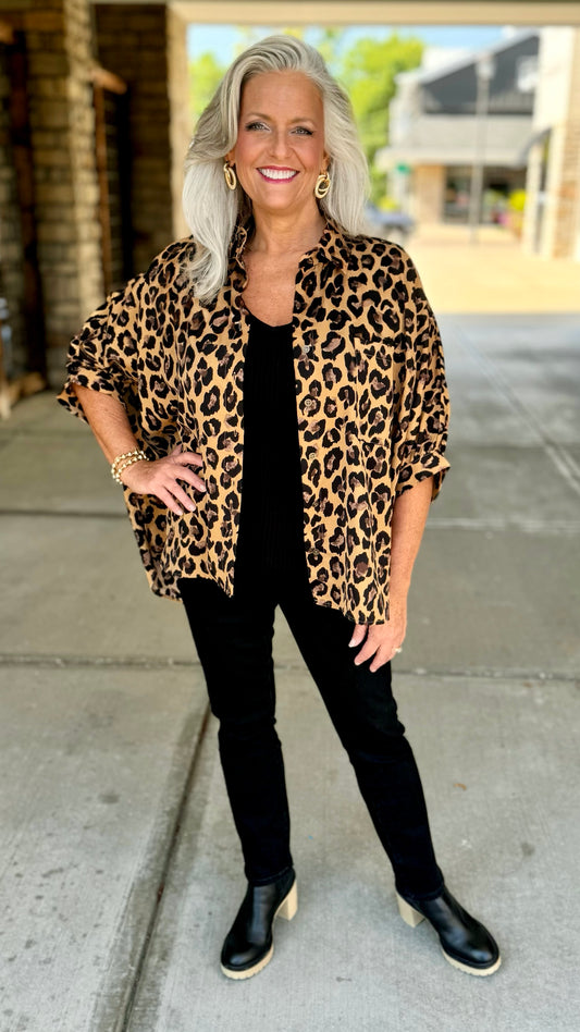 Lavish Leopard Dolman Sleeve Button Blouse - Camel