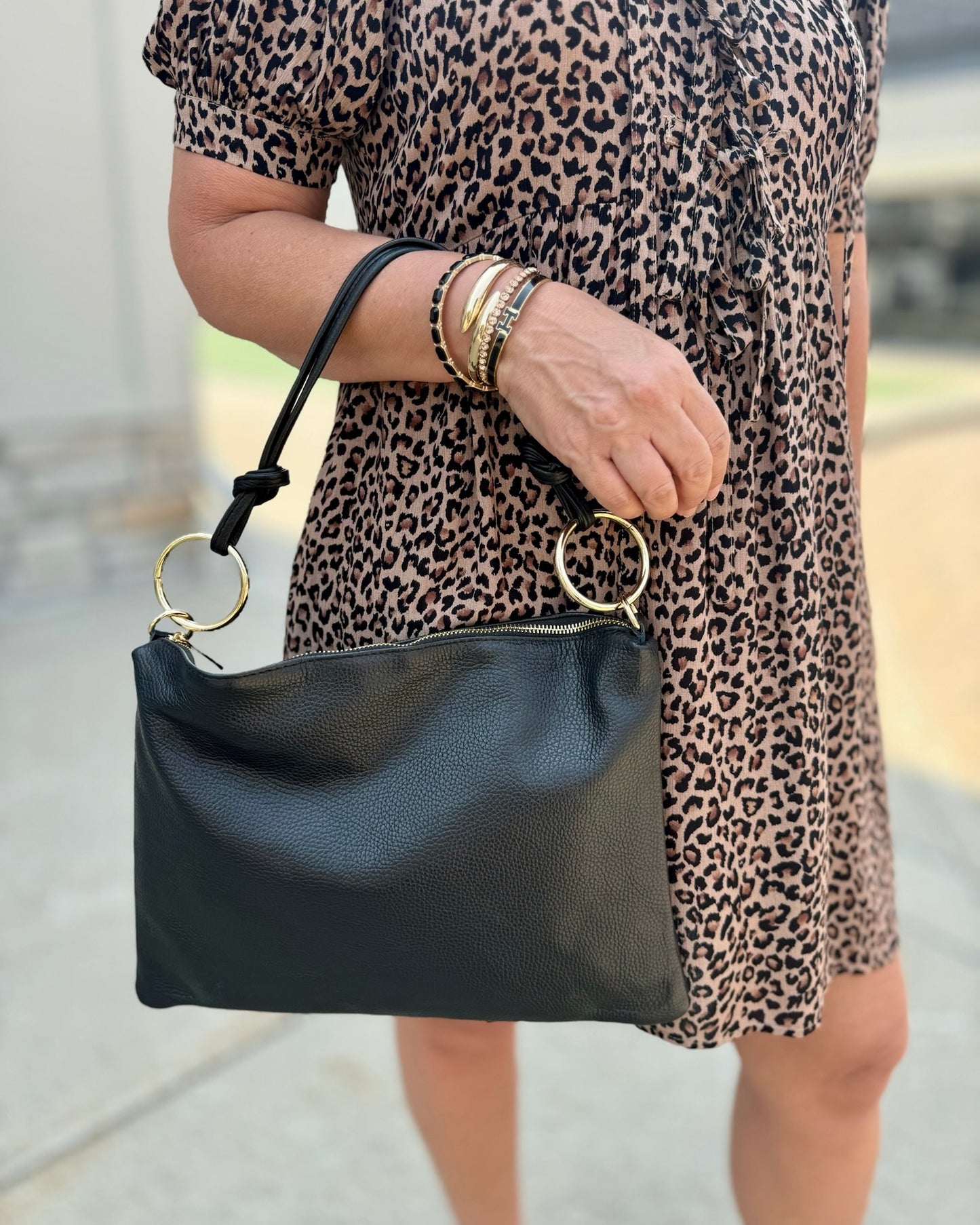 Leather Ring Shoulder Bag - Black