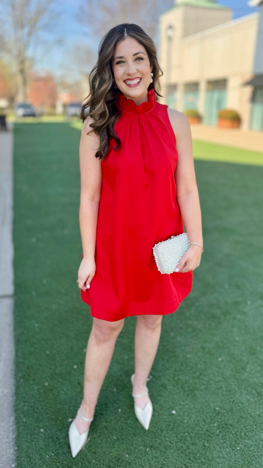 Ruffle Neck Shift Dress - Red Ruffle Neck Shift Dress - Red