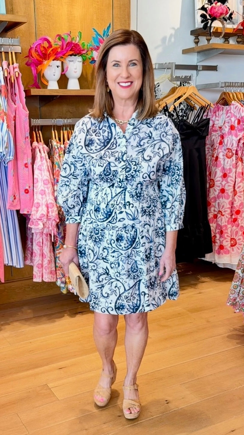 boutique shirt dress Entro Slate Blue Botanical Midi Shirt Dress with Tie Waist (Plus Sizes) XL