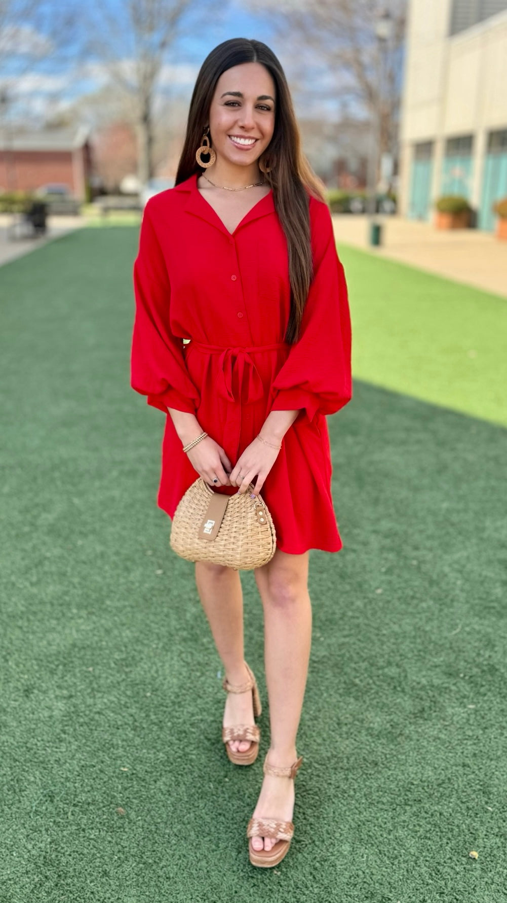 Vibrant Red Shirt Dress - Red