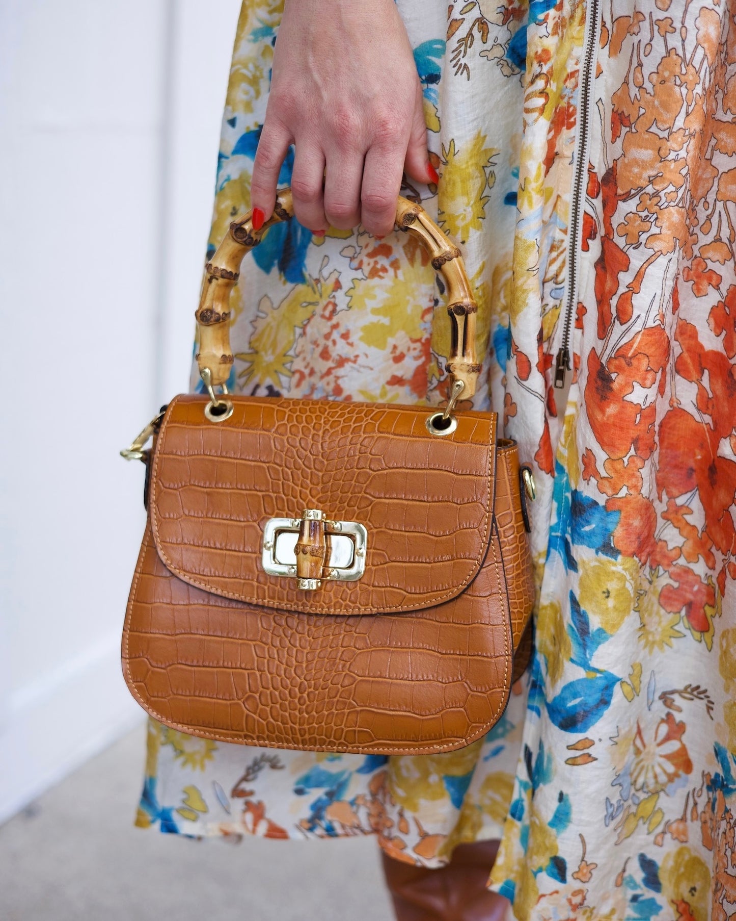 Bamboo Handle Camel Leather Bag