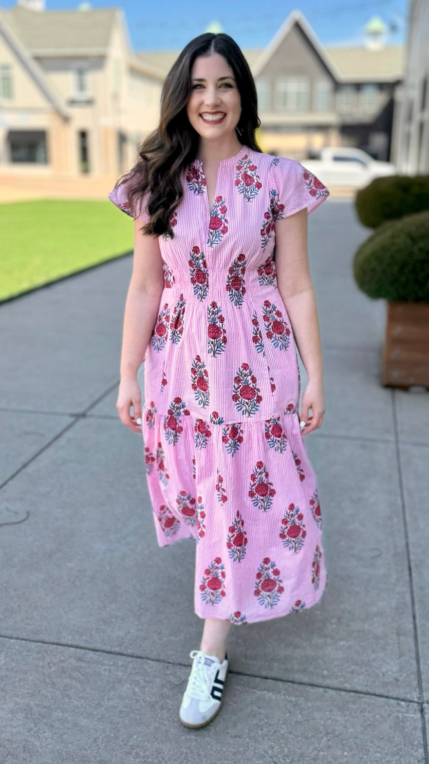 Ivy Jane Shirred Front Midi Dress - Pink Stripe