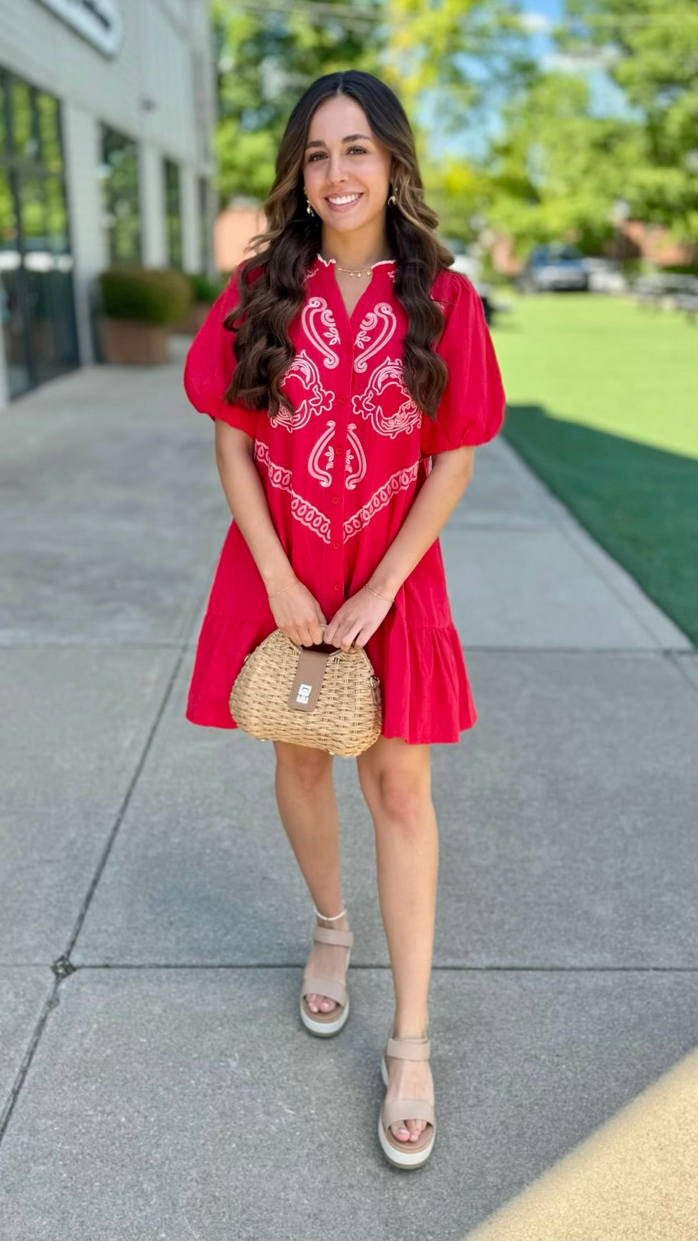 Santa Fe Embroidered Dress- Red
