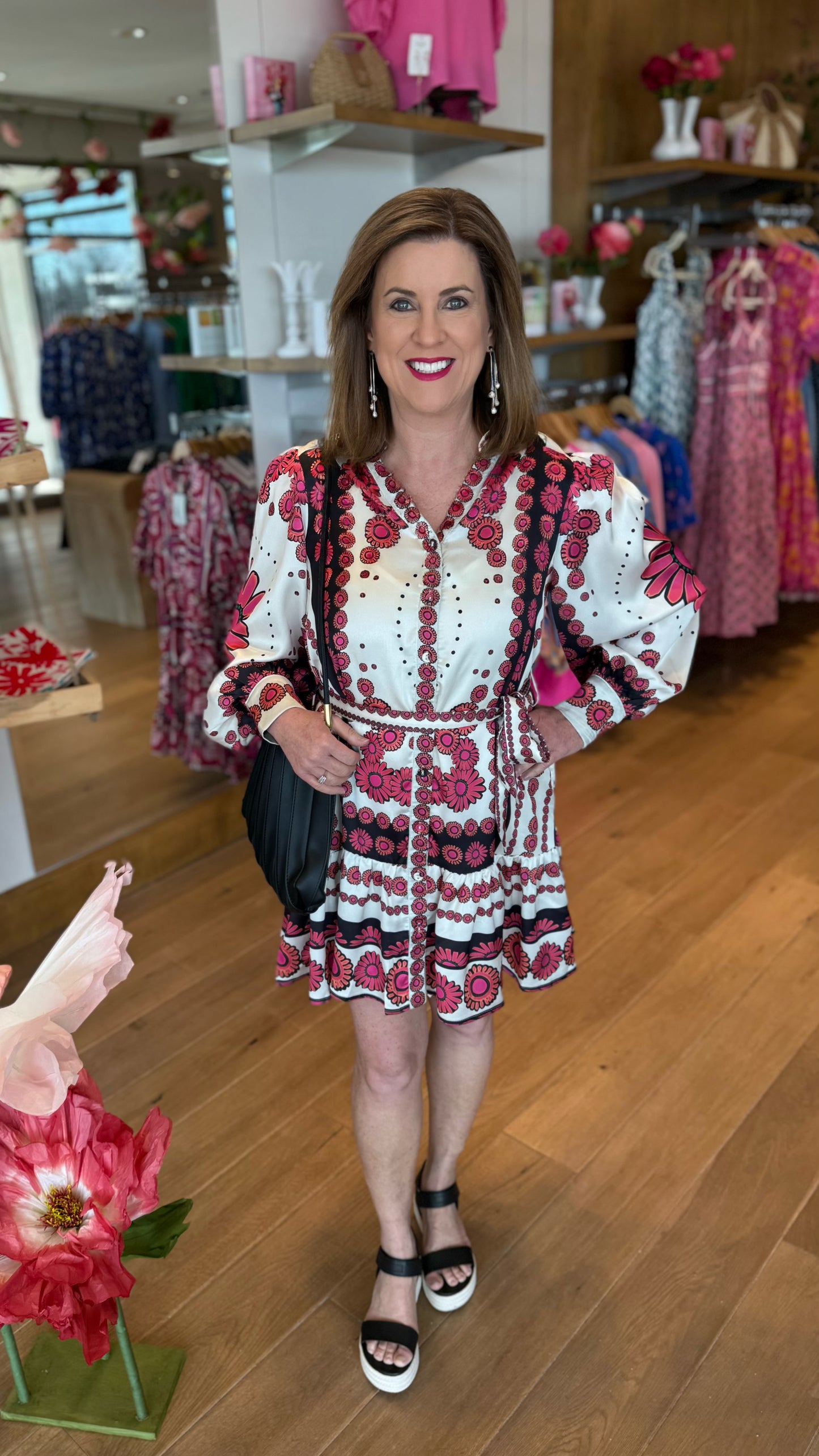 Daisy Pink Multi Mandarin Collar Belted Dress