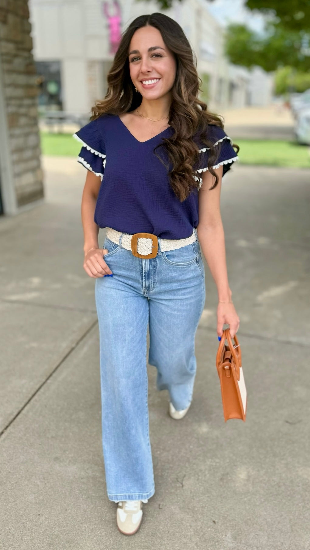 Evelyn Embroidered Ruffle Top - Navy