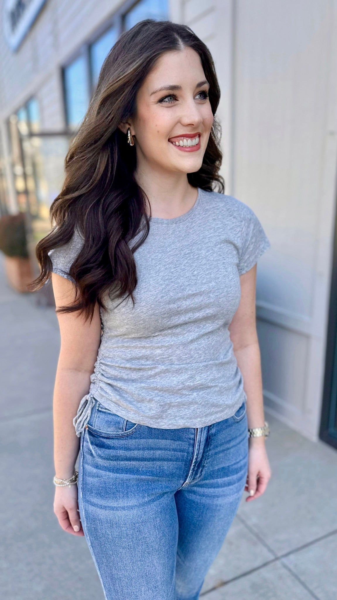 Bobi Shirred Side Cotton Tee - Grey