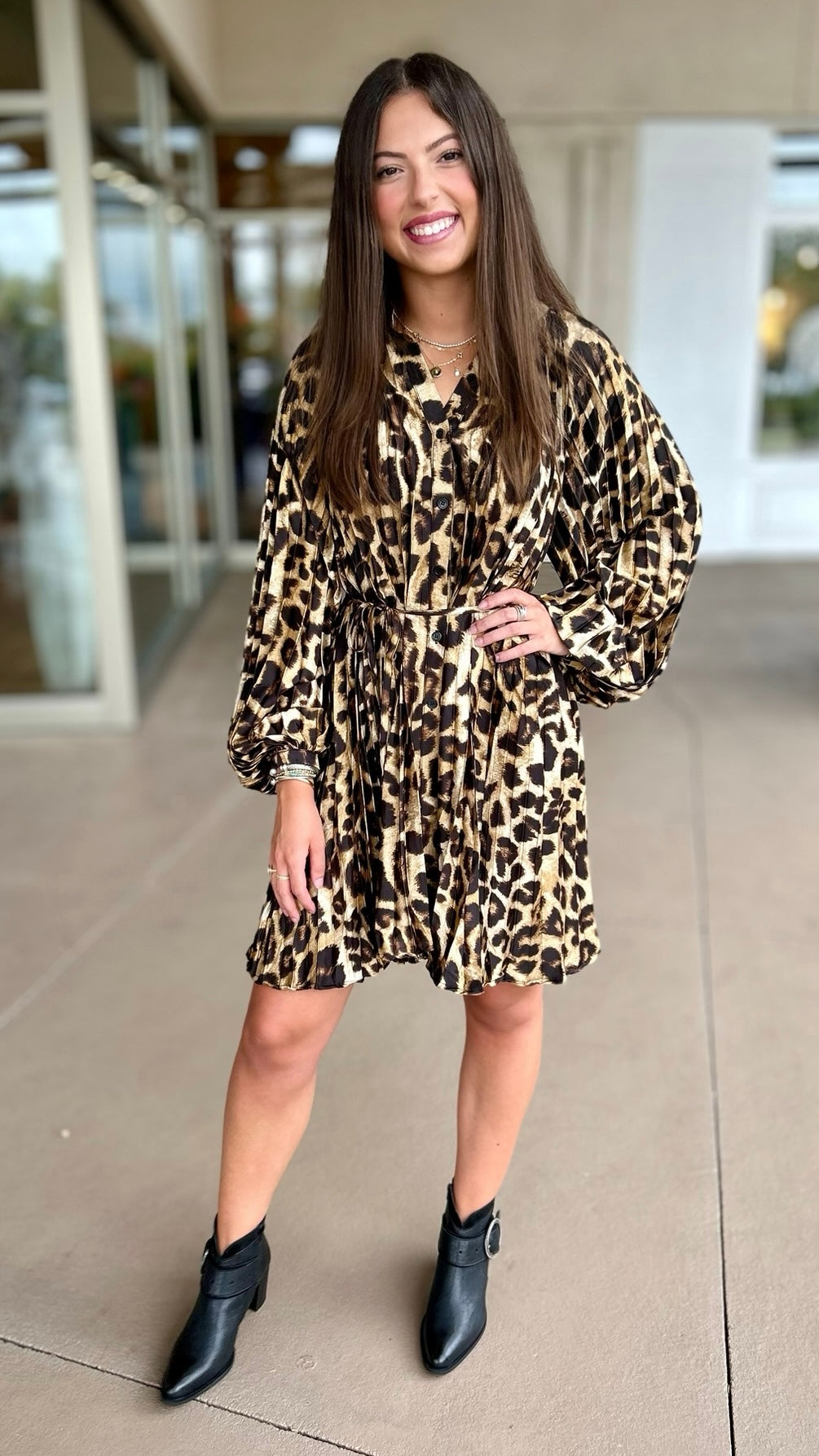 Leopard Pleated Button Up Dress