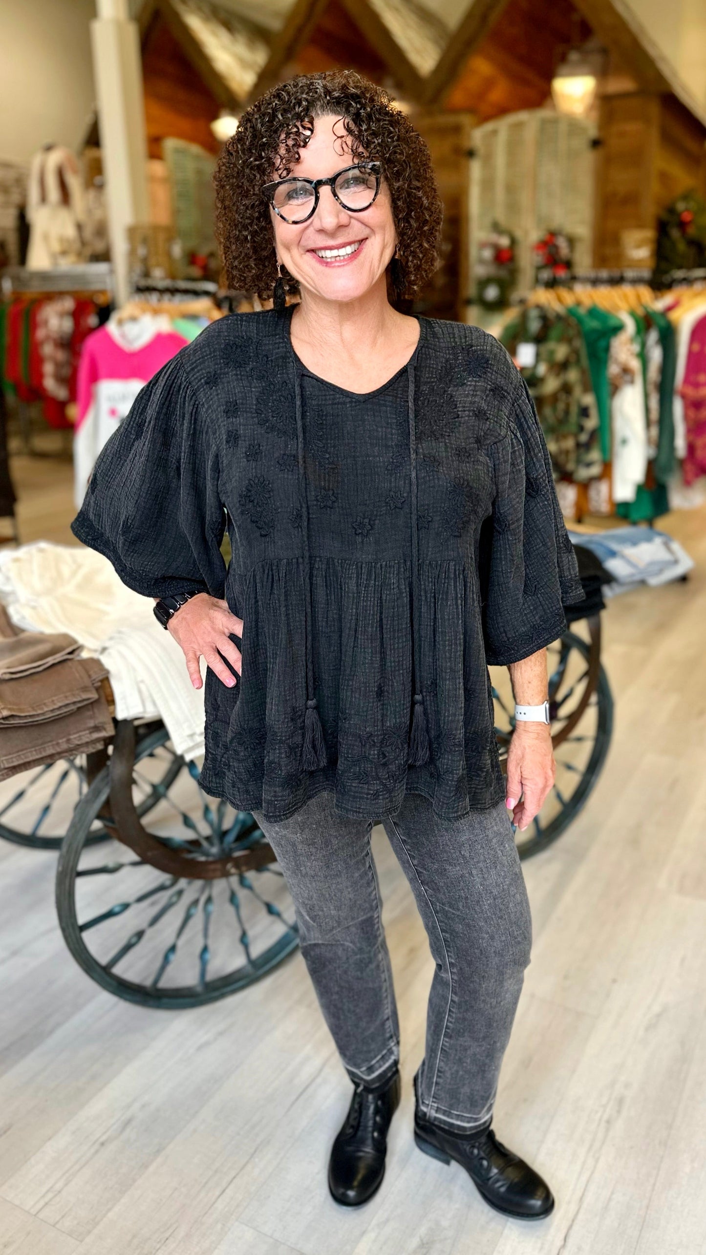 Ivy Jane Charcoal Gauze Embroidered Top