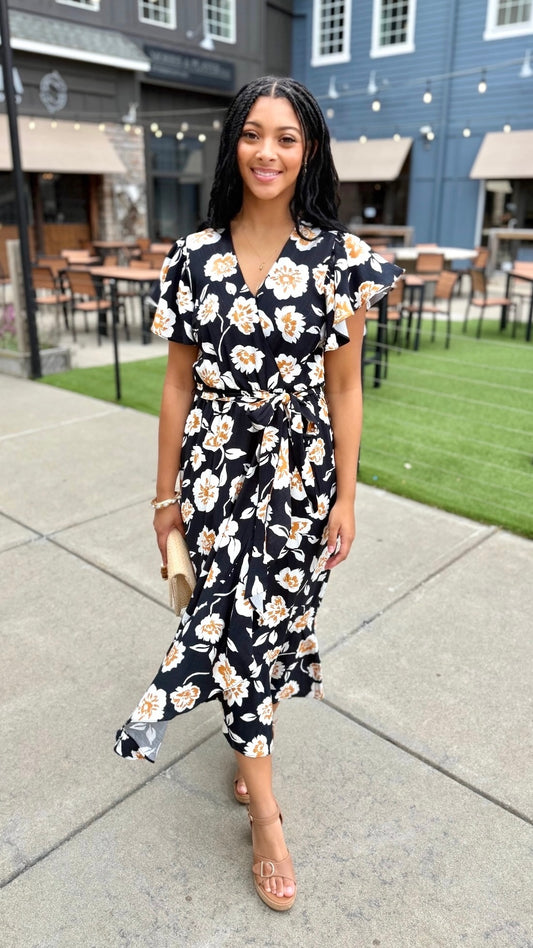 Beatrice Floral Wrap Dress - Black