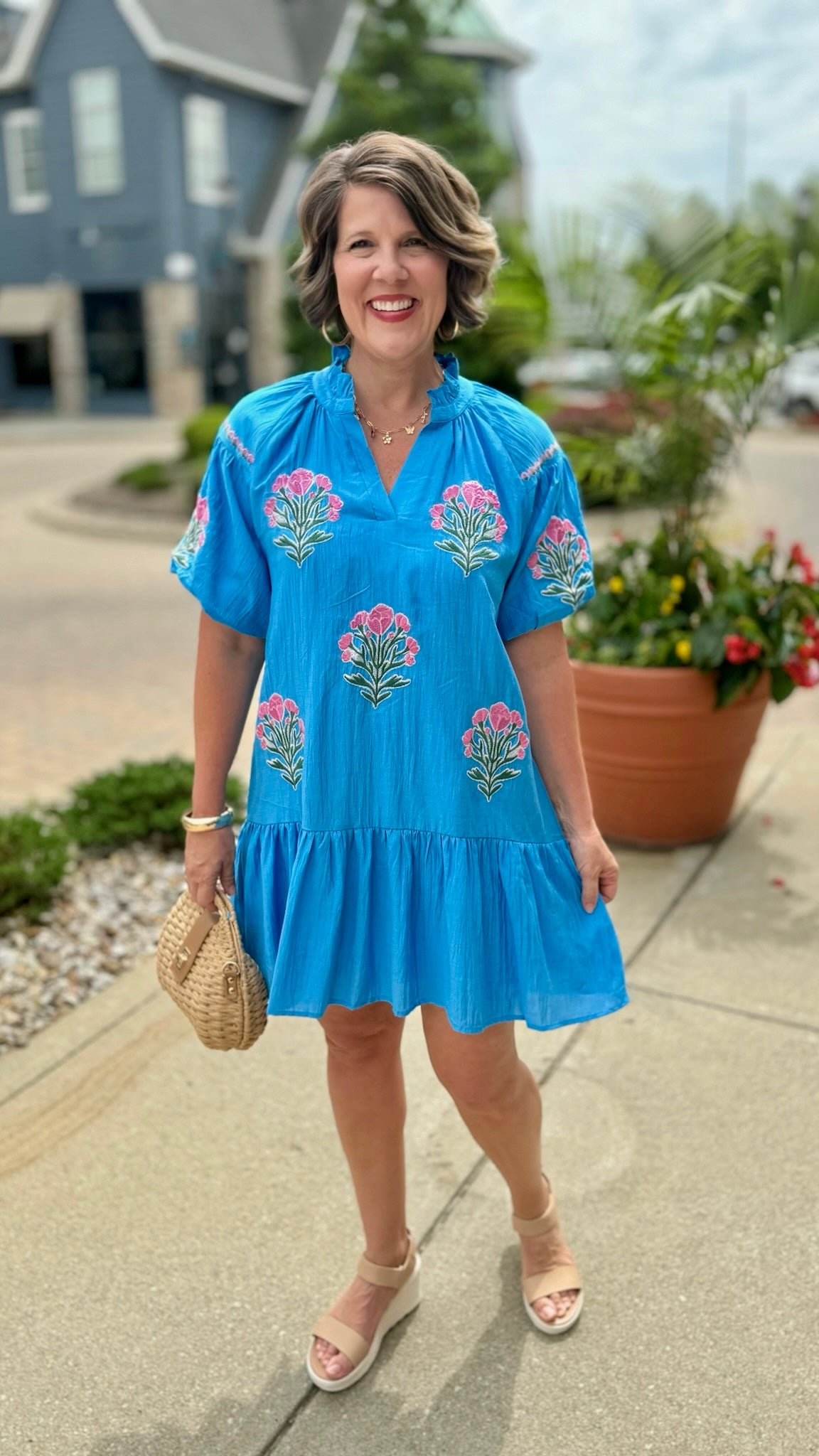 Pops Of Pink Poppies Mini Dress - Ocean