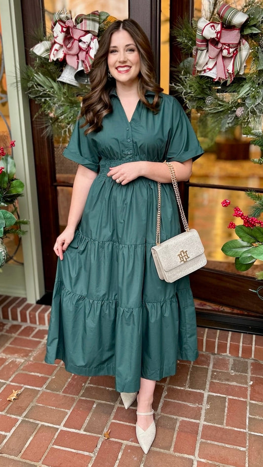 Forest Green Collared Midi Dress