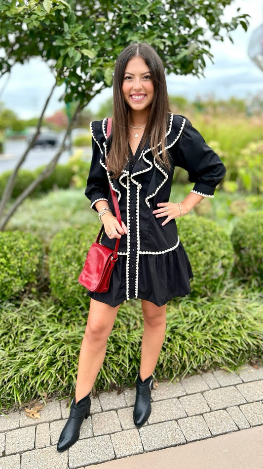 Rachel Black Ruffle & Ecru Trim Dress