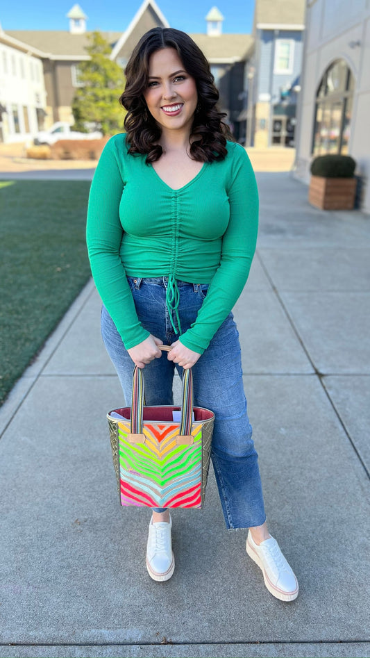 Bobi Shirred Tie V-Neck Ribbed Top - Shamrock