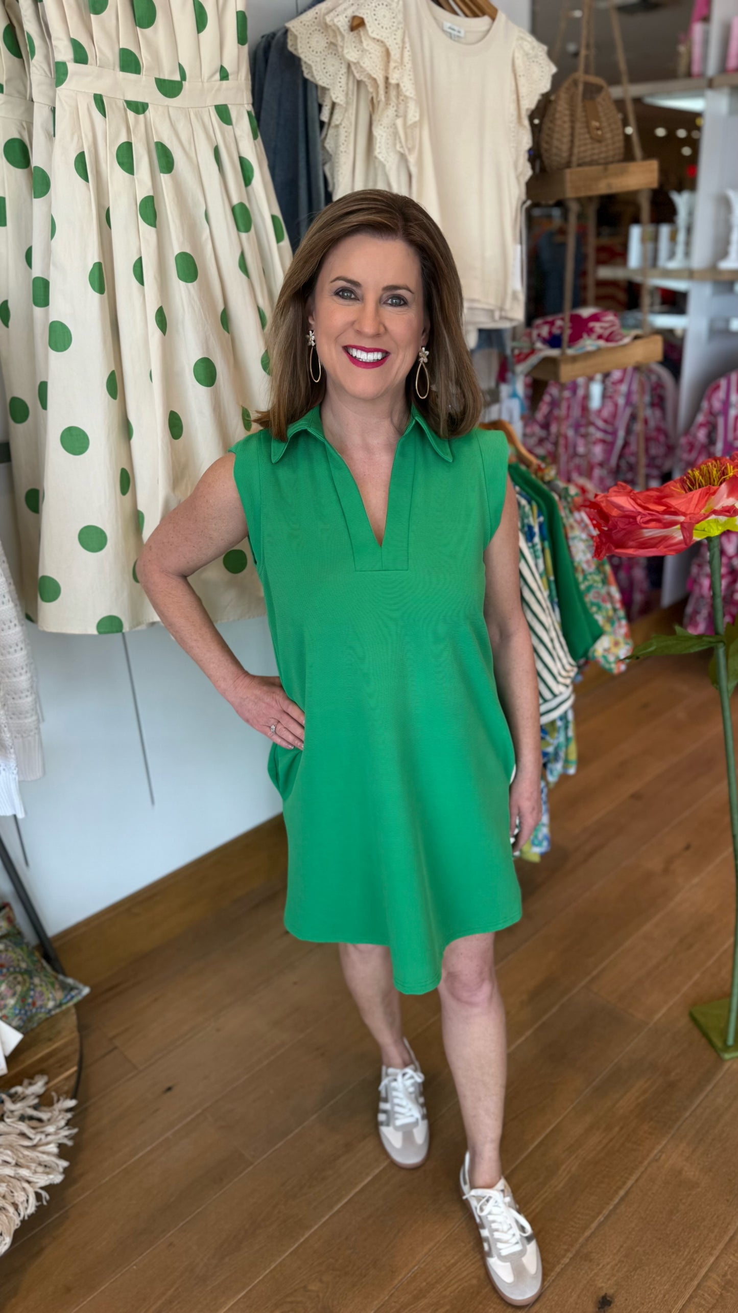 Lilian Ribbed Collared Dress - Kelly Green