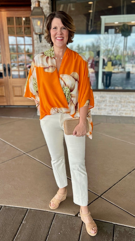 Burnt Orange Floral Wrapped Top