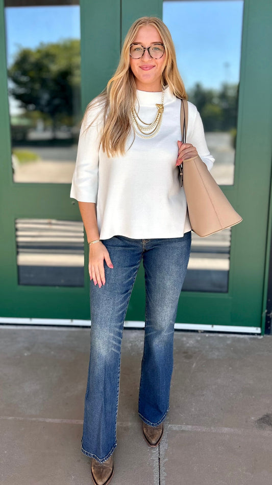 Cream Mock Neck Bell Sleeve Sweater