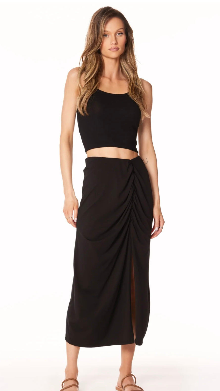 Bobi Shiloh Shirred High Slit Skirt - Black