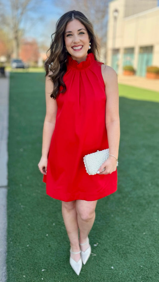 Ruffle Neck Shift Dress - Red