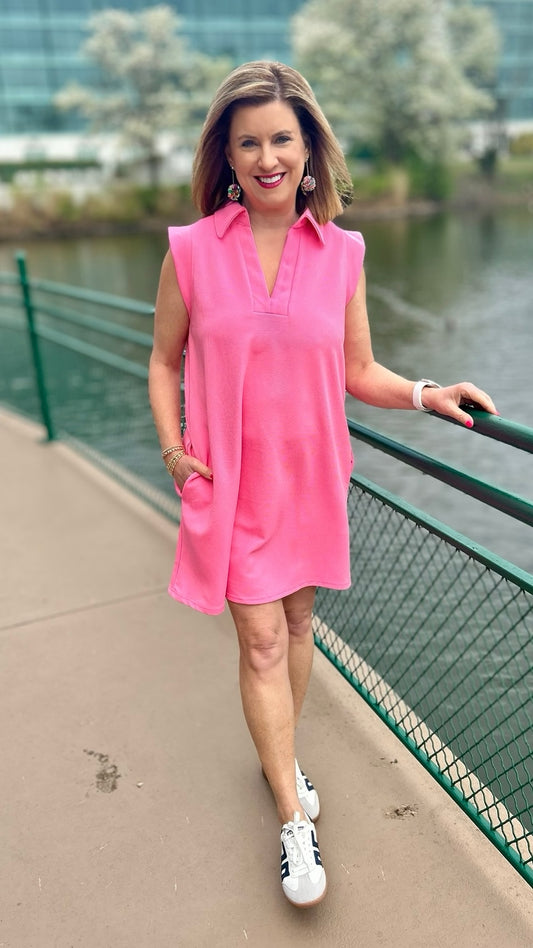 Lilian Ribbed Collard Dress - Pink