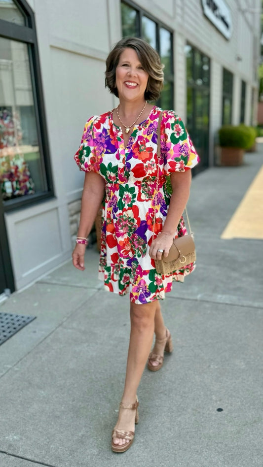 Perfect Puff Sleeve Dress - Red Floral Mix
