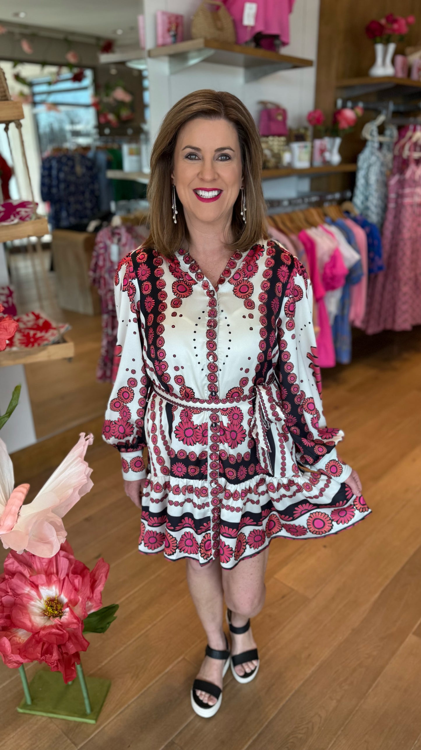 Daisy Pink Multi Mandarin Collar Belted Dress