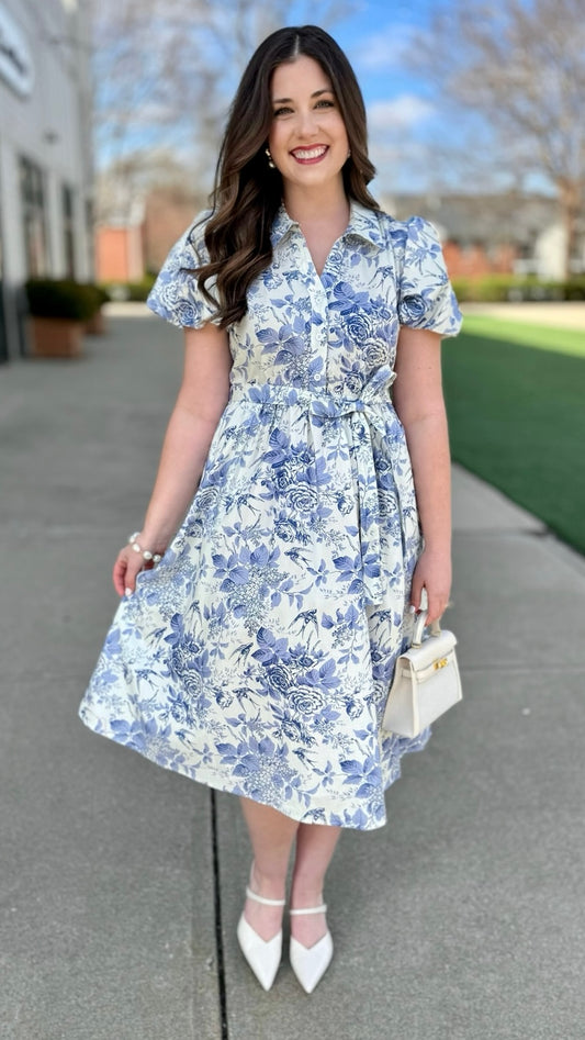Lila Blue Rose Midi Dress With Belt
