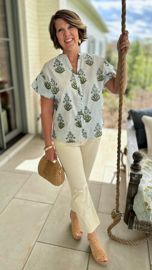 Ivy Jane Striped Block Print Top - Blue