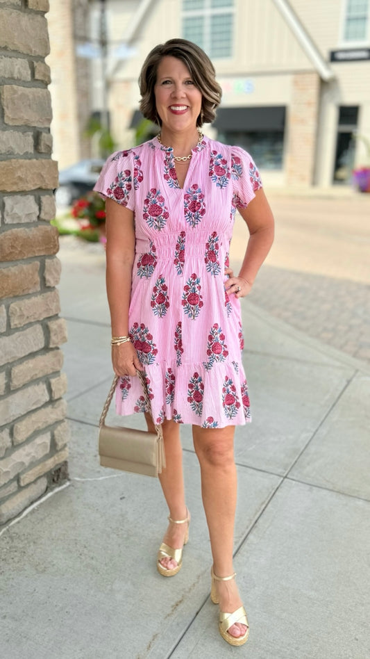 Uncle Frank Pink Stripe Shirred Front Dress