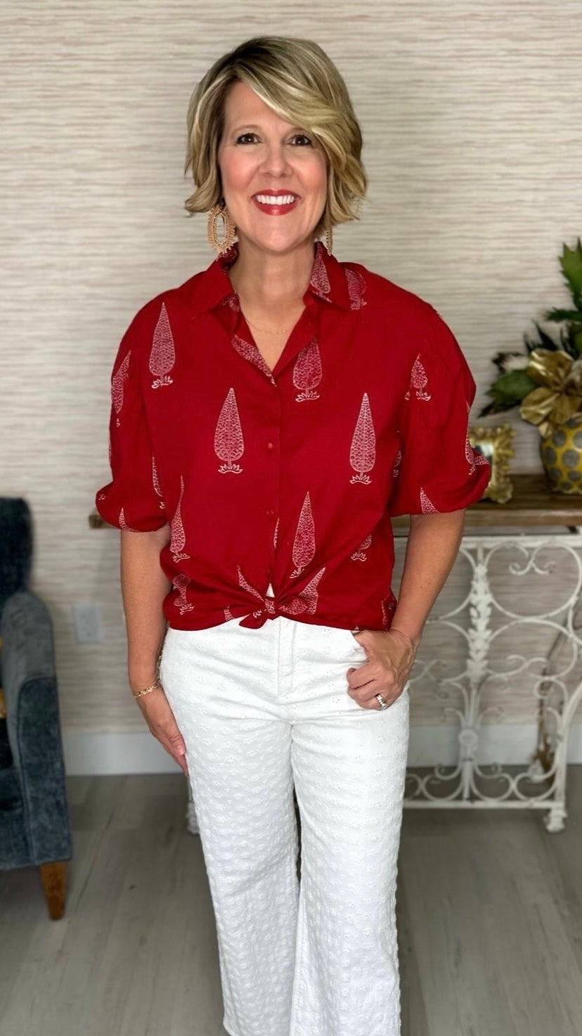 Stark X Puff Sleeve Button Up - Red / White Print