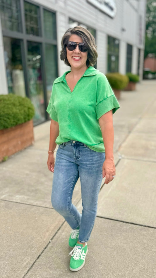 Washed V Neck Pullover - Green