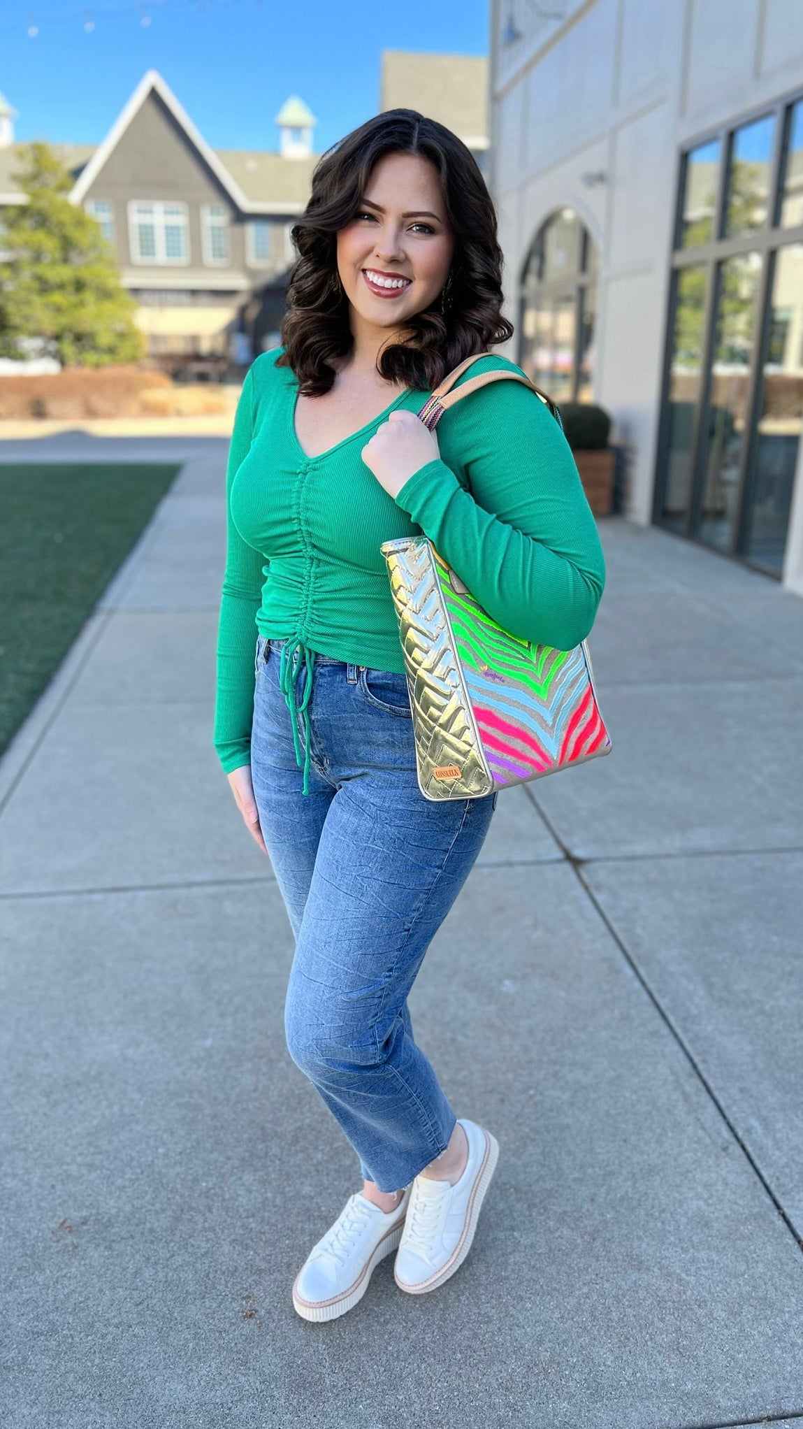 Bobi Shirred Tie V-Neck Ribbed Top - Shamrock