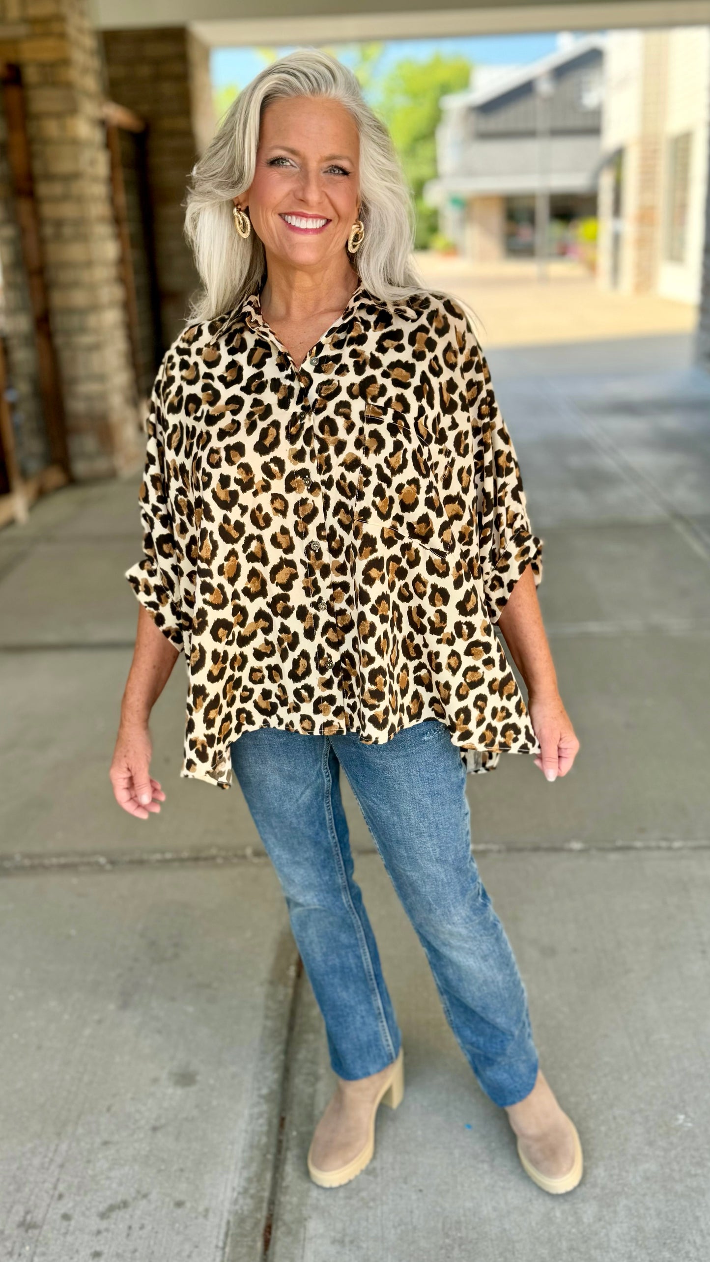 Lavish Leopard Dolman Sleeve Button Blouse - Ecru