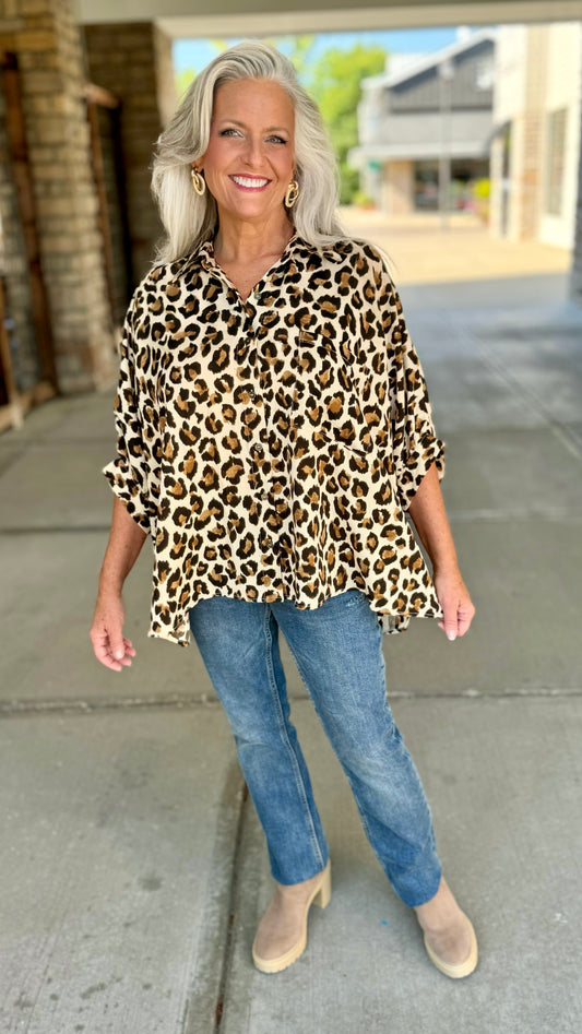 Lavish Leopard Dolman Sleeve Button Blouse - Ecru