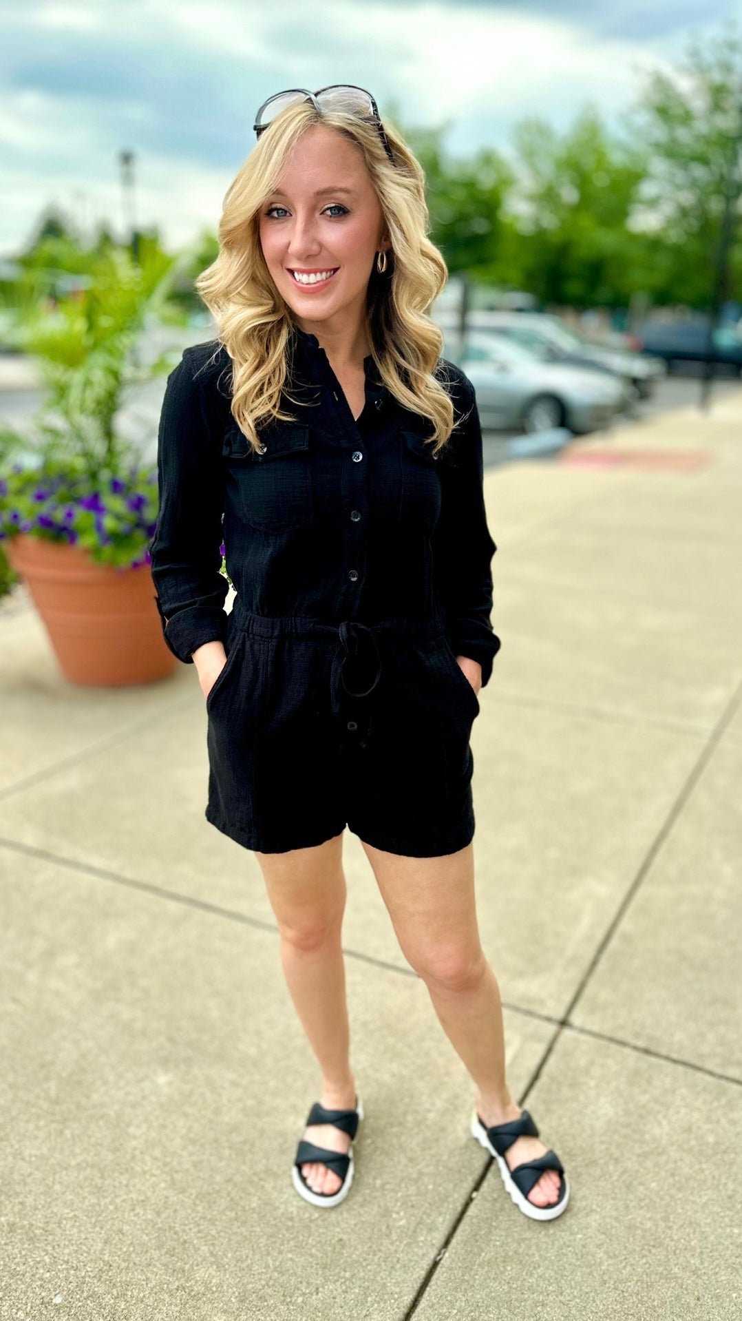 Bobi Cotton Rolled Sleeve Romper - Black