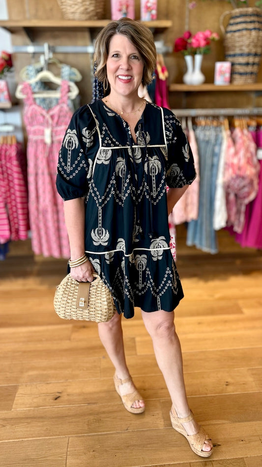 Palm Tree Embroidery Dress - Black