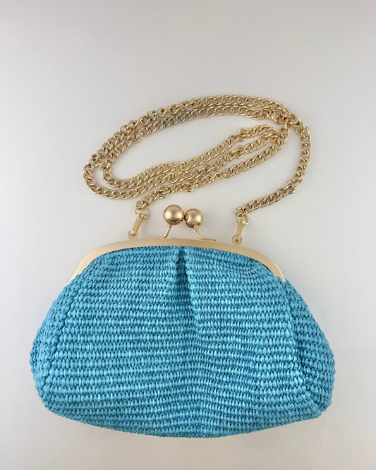 Italian Leather & Raffia Clutch - Turquoise