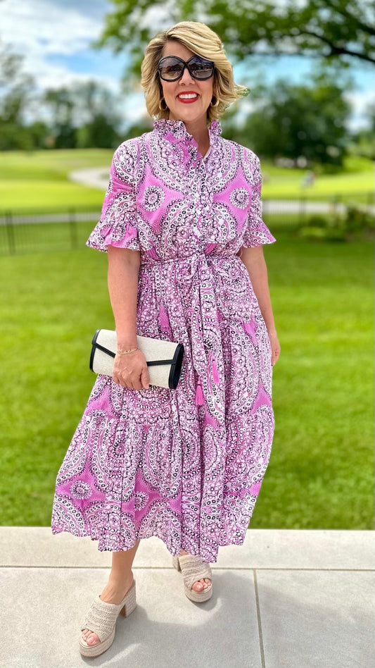 Ivy Jane Lilac Paisley Ruffle Collar Tie Waist Midi Dress