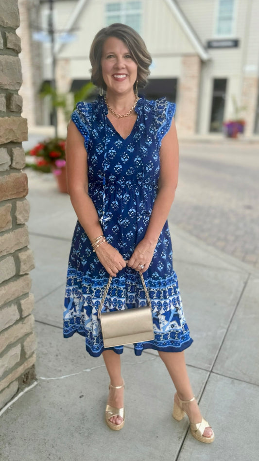 Amelia Navy Abstract Midi Dress