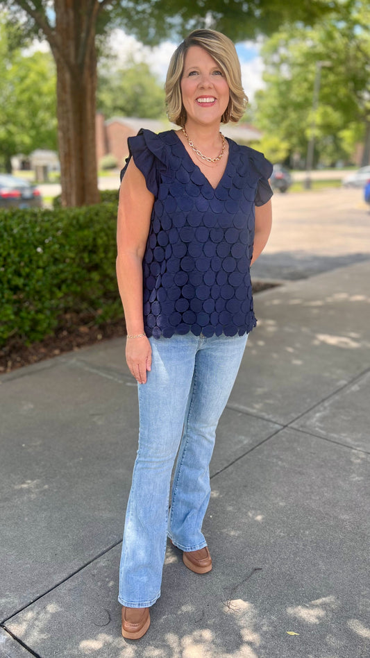 Navy Dotty Flutter Sleeve Top