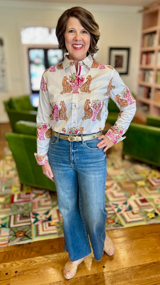 Dizzy Lizzy Rome Shirt - White With Cheetahs