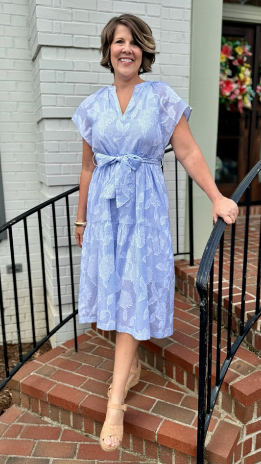 Lucy Floral Embroidery Midi Dress- Light Blue