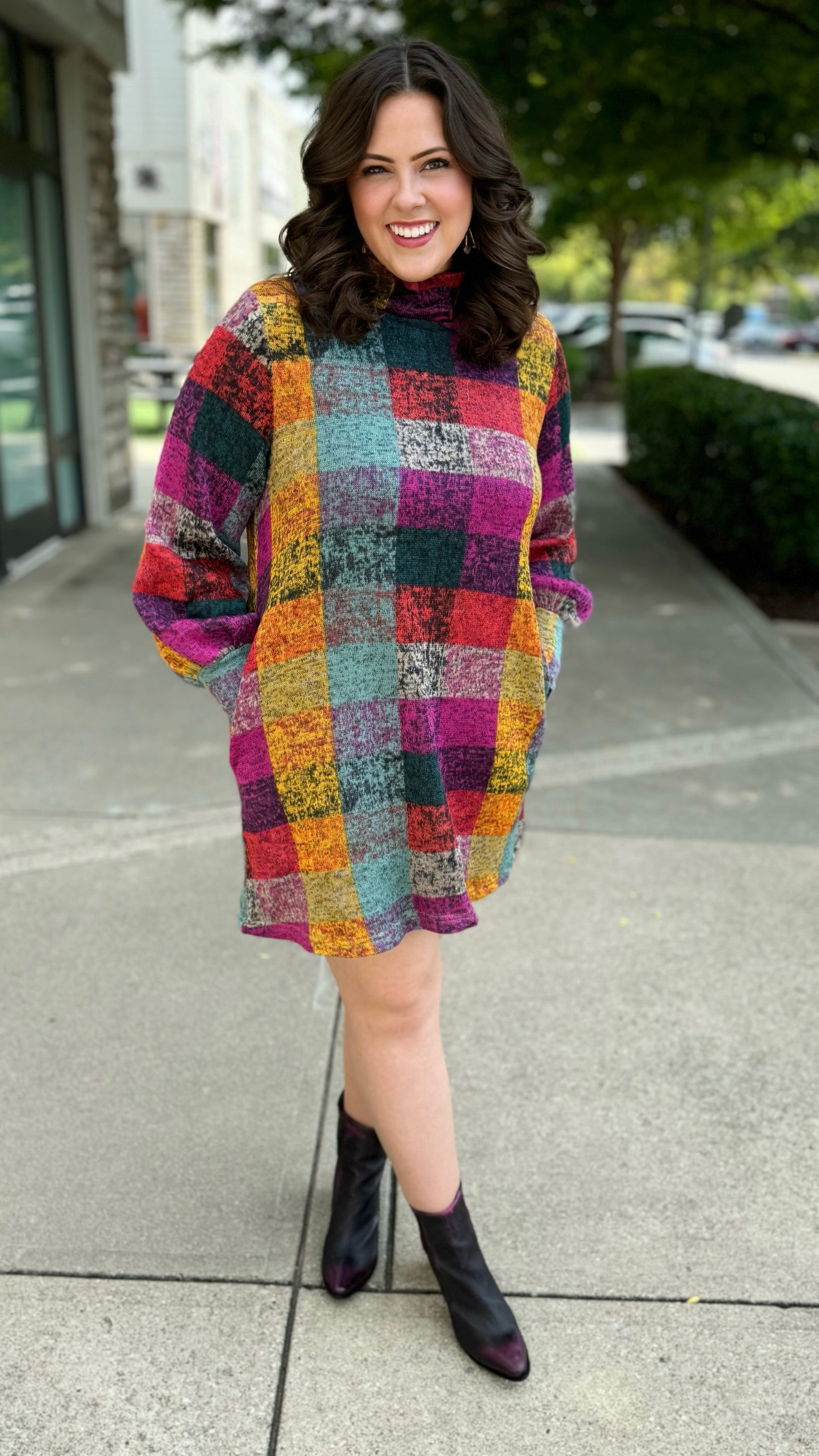 Multi Plaid Sweater Dress - Purple Mix