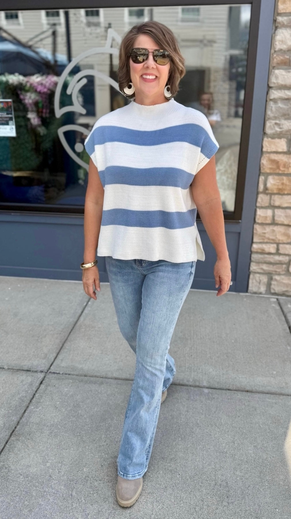 Paige Stripe Sleeveless Sweater - Denim Blue & White