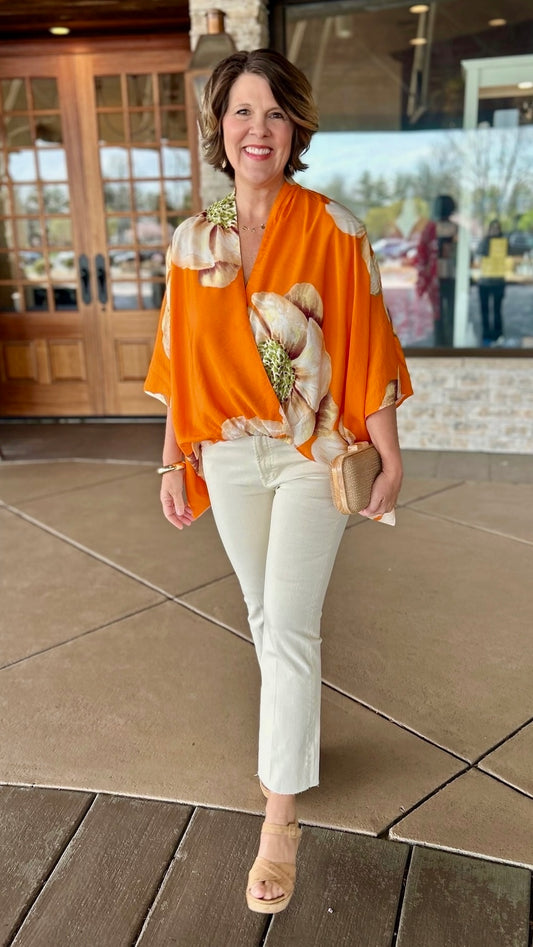 Burnt Orange Floral Wrapped Top