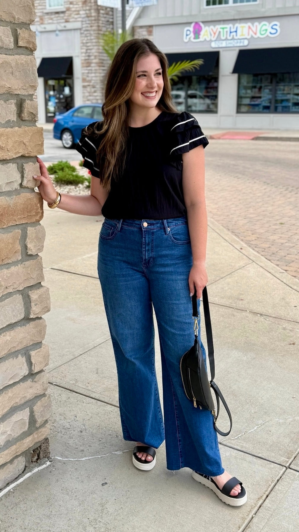 Josie Black & White Trim Flutter Sleeve Top