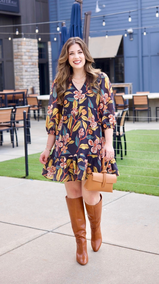 Abigail Black & Gold Floral Dress