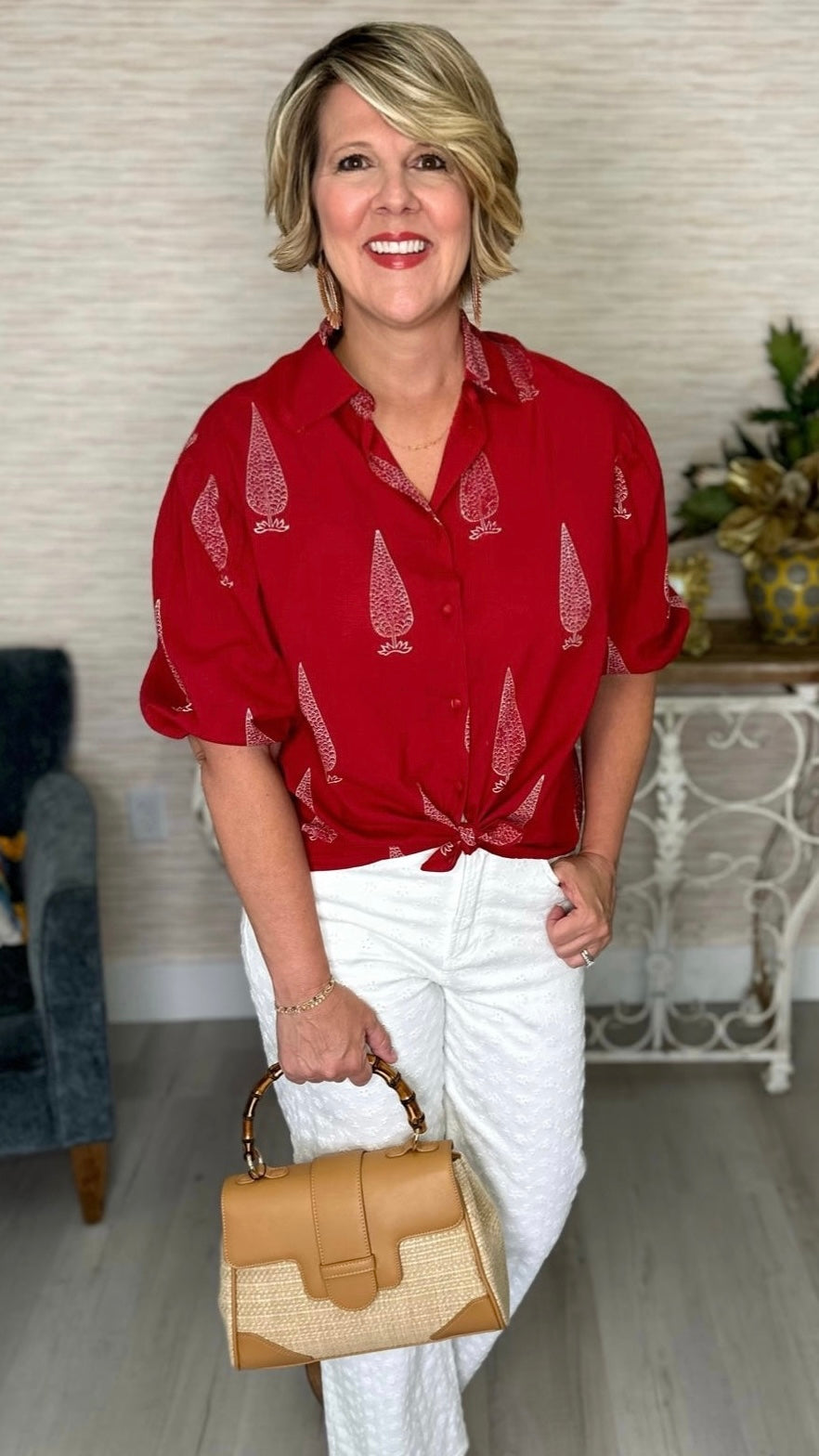 Stark X Puff Sleeve Button Up - Red / White Print