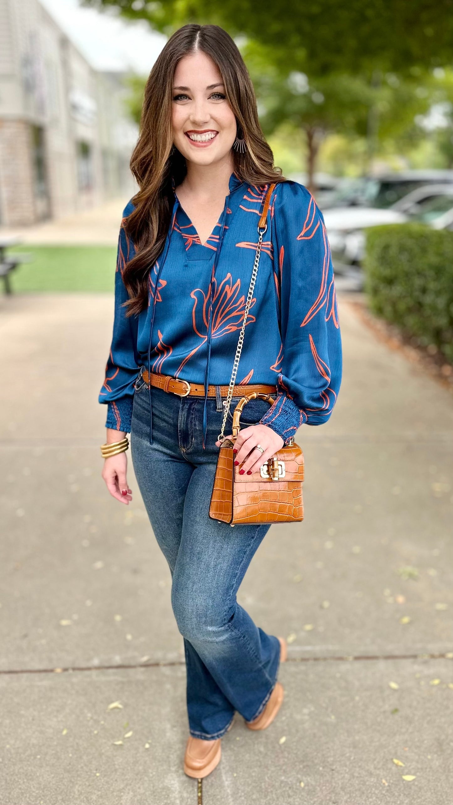 Coastal Blooms Teal & Red Tie Neck Blouse