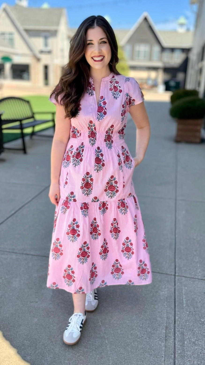 Ivy Jane Shirred Front Midi Dress - Pink Stripe